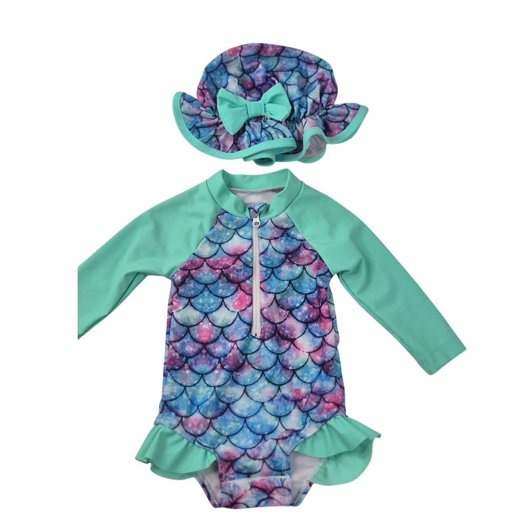 Swimsuit Kids 12M Blue Excellent Mermaid Rash Guard Set